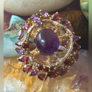 Statement Amethyst Garnet modernist design sterling silver statement ring.